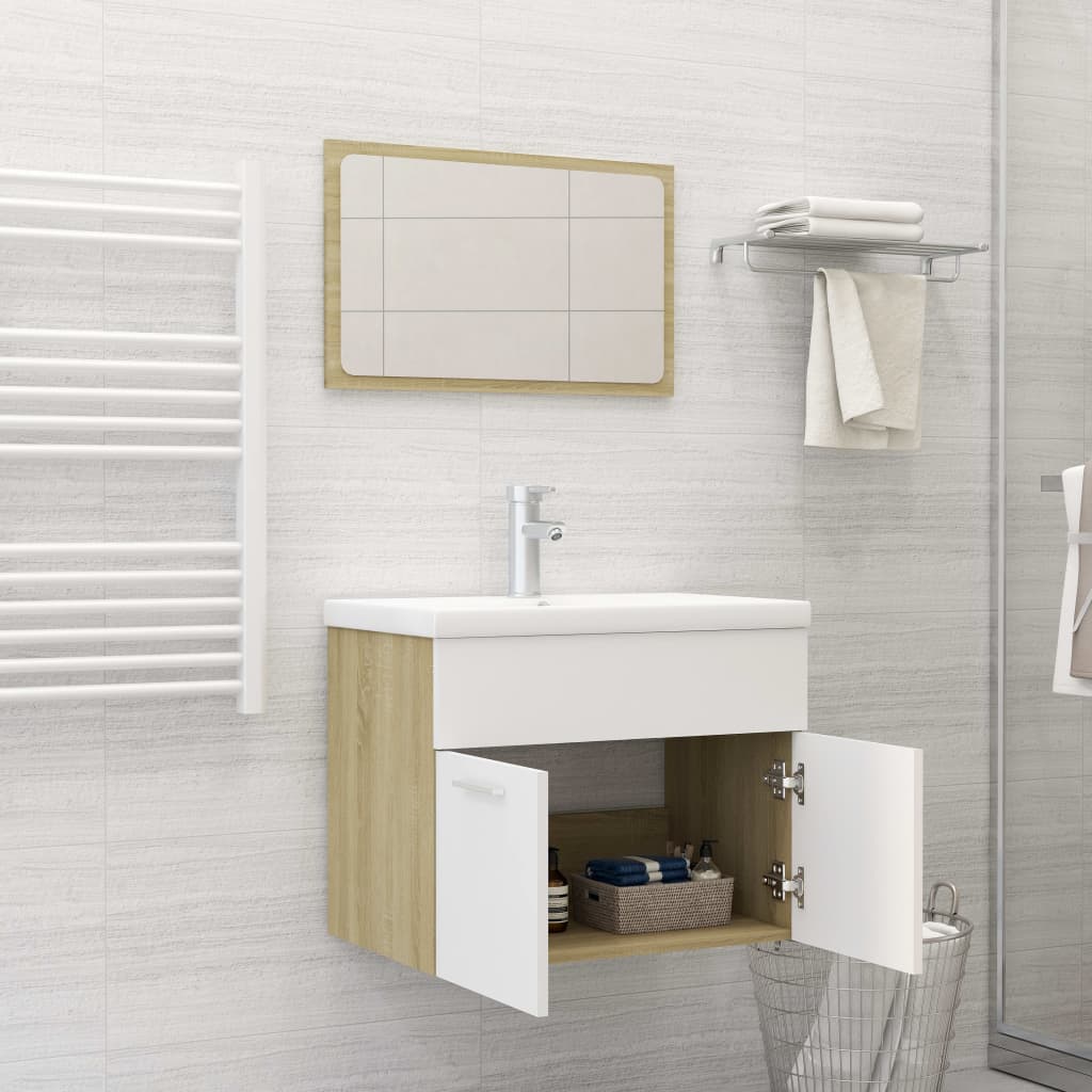 2 Piece Bathroom Furniture Set White and Sonoma Oak Engineered Wood