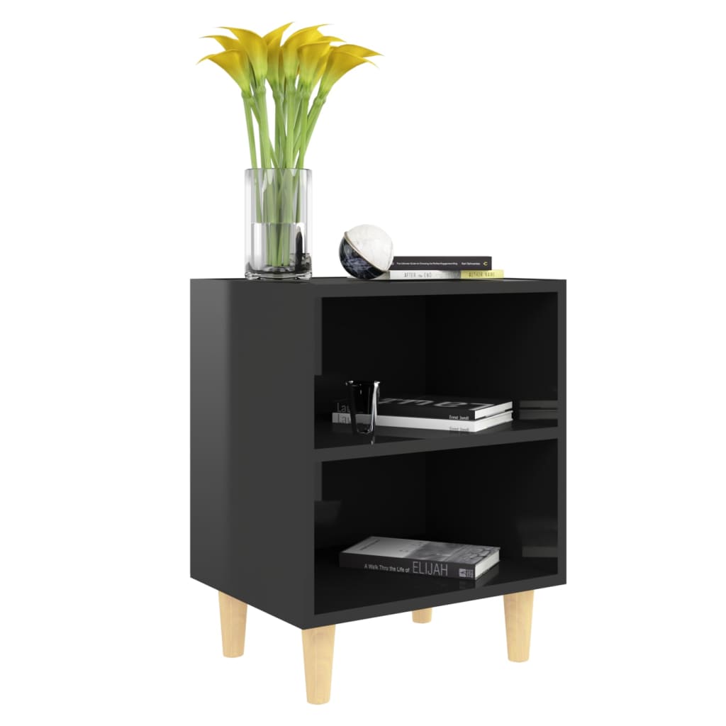 Bed Cabinet with Solid Wood Legs High Gloss Black 40x30x50cm