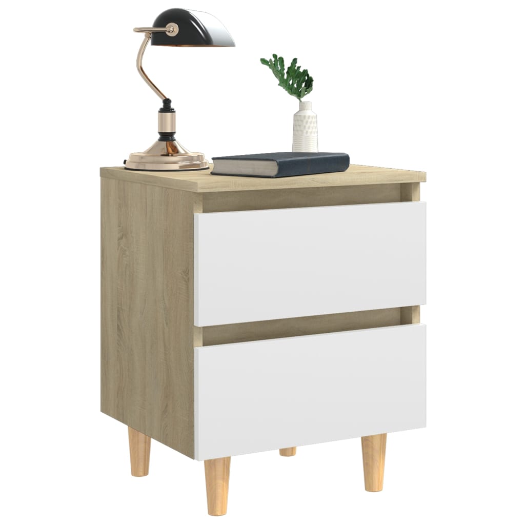 Bed Cabinet & Solid Pinewood Legs White & Sonoma Oak 40x35x50cm