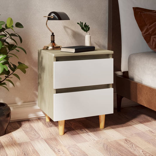Bed Cabinet & Solid Pinewood Legs White & Sonoma Oak 40x35x50cm