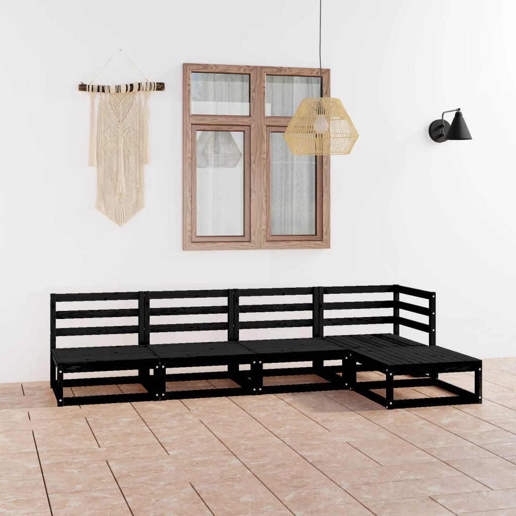 5 Piece Garden Lounge Set Black Solid Wood Pine