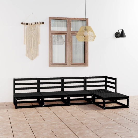 5 Piece Garden Lounge Set Black Solid Wood Pine