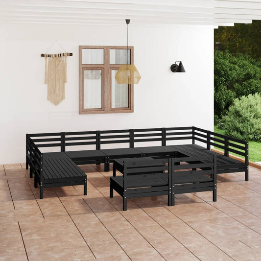 12 Piece Garden Lounge Set Black Solid Wood Pine