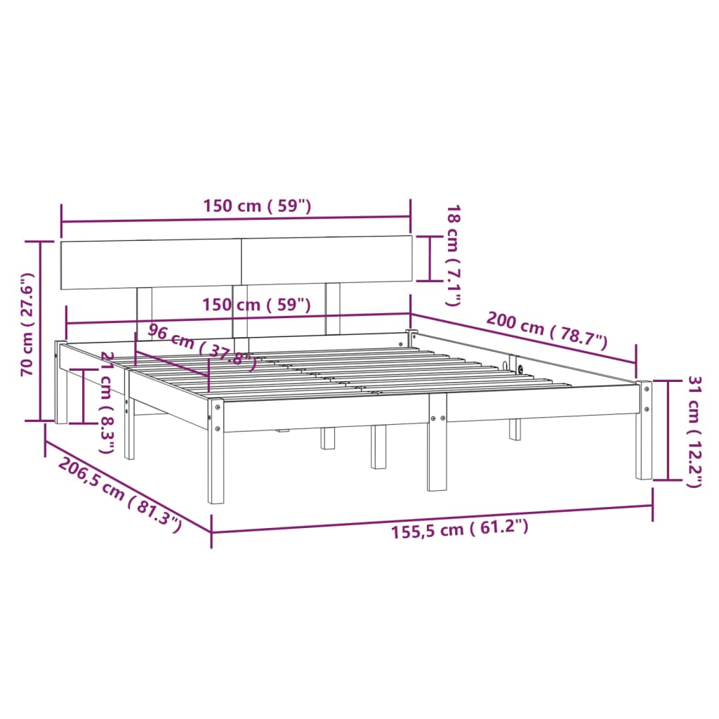 Bed Frame without Mattress Black Solid Wood Pine King Size