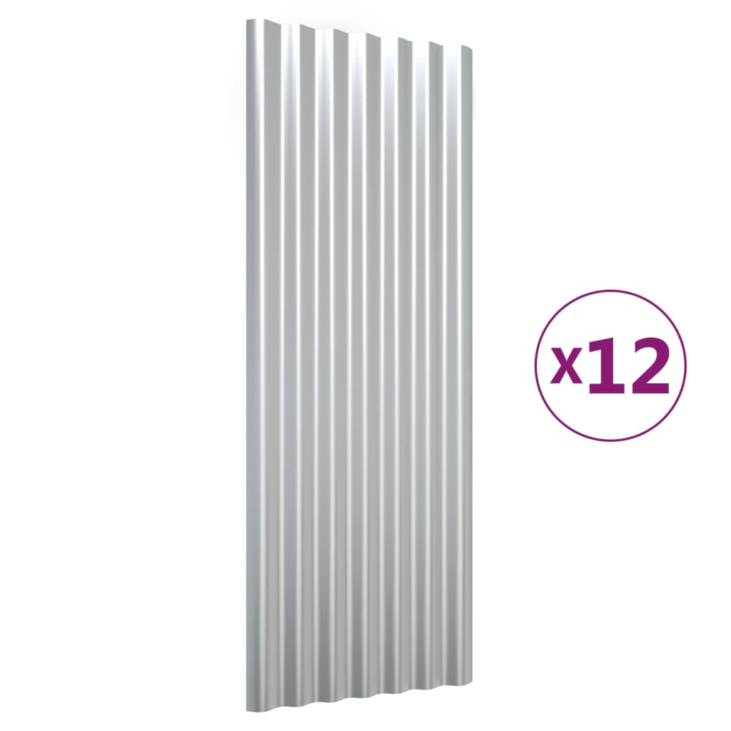 Roof Panels 12 pcs Powder-coated Steel Silver 100x36 cm