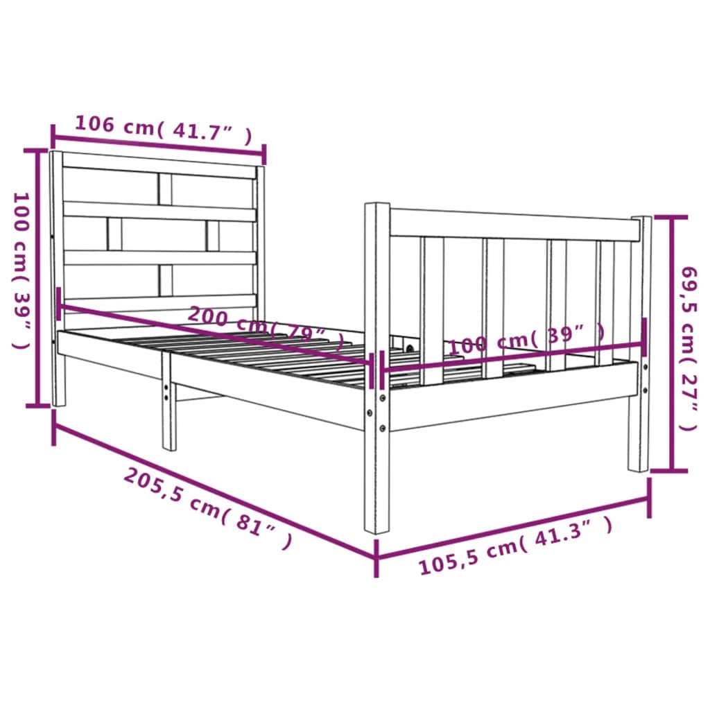 3101342 vidaXL Bed Frame without Mattress Black Solid Wood 100x200 cm (810076+814183)