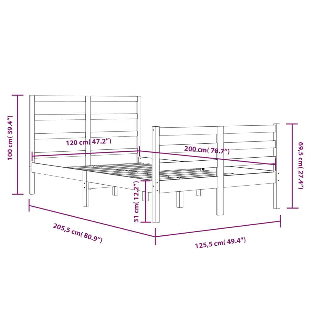 Bed Frame without Mattress White Solid Wood Pine 120x200 cm