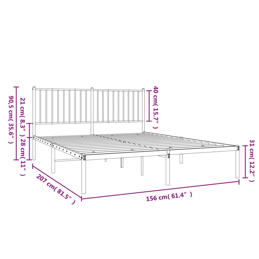 Metal Bed Frame without Mattress with Headboard Black 150x200cm