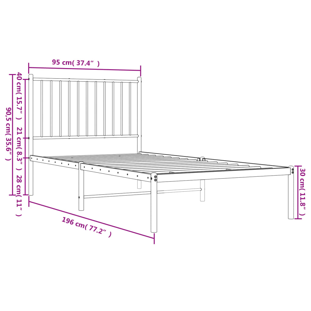 Metal Bed Frame without Mattress with Headboard White 90x190cm