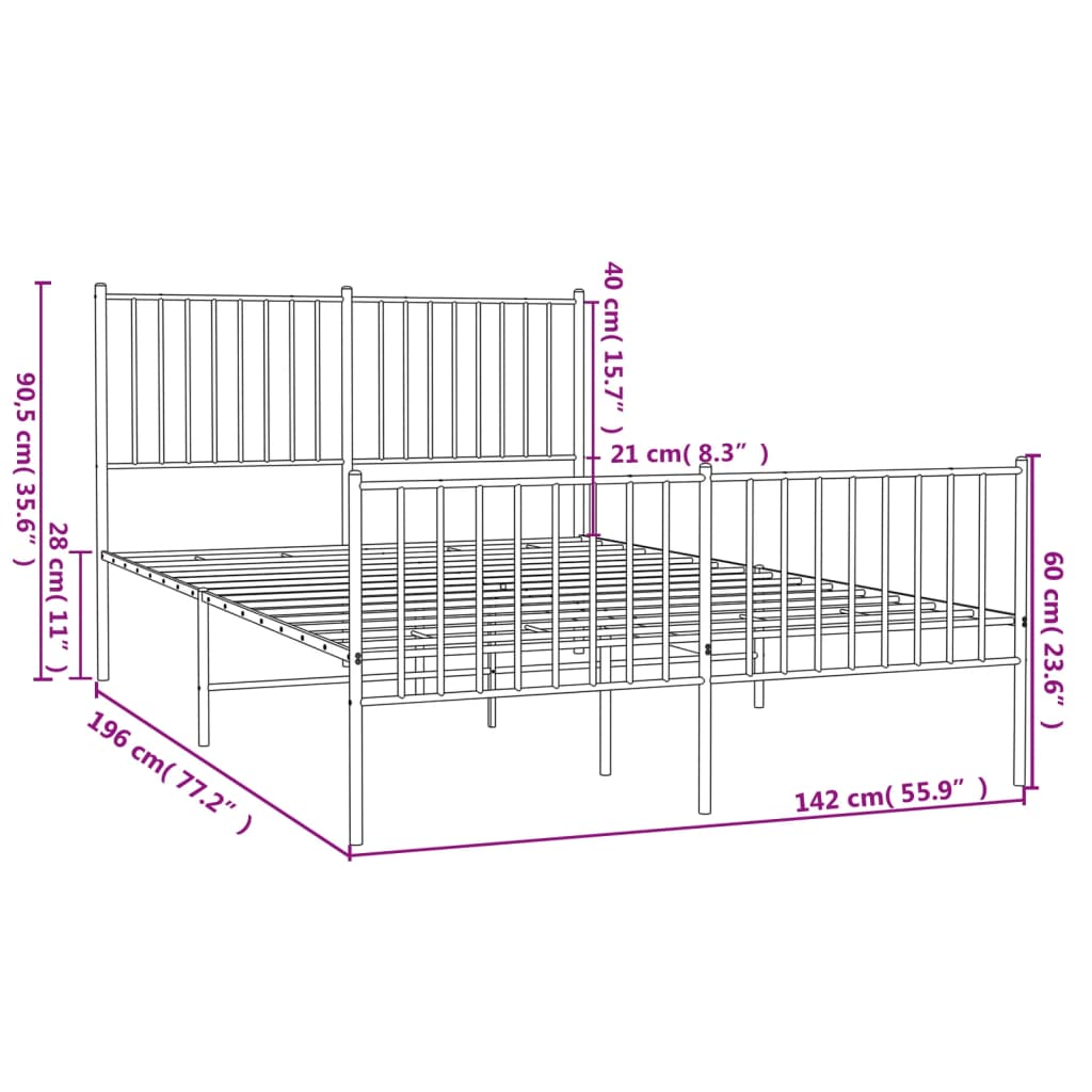 Metal Bed Frame without Mattress with Footboard White 135x190cm