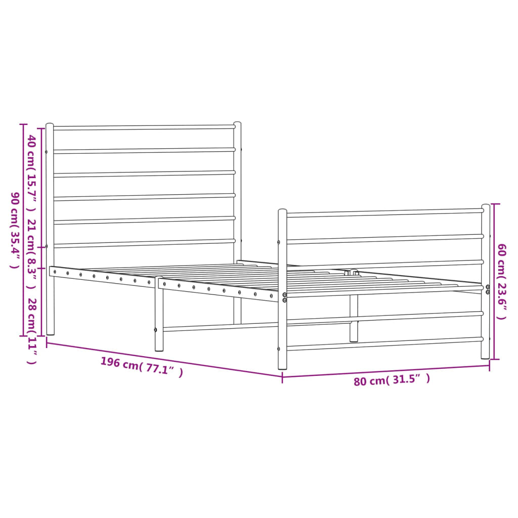 Metal Bed Frame without Mattress with Footboard Black 75x190cm