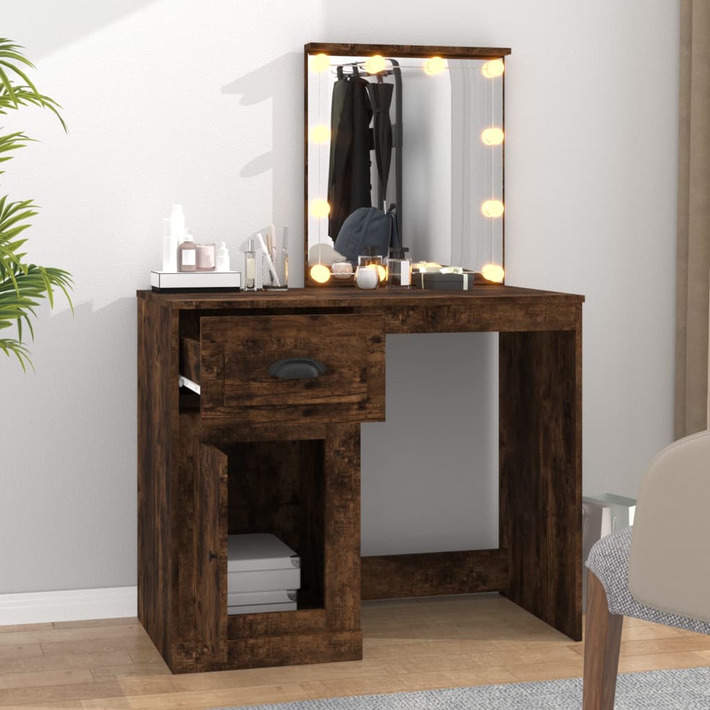 Dressing Table with LED Smoked Oak 90x50x132.5 cm Engineered Wood