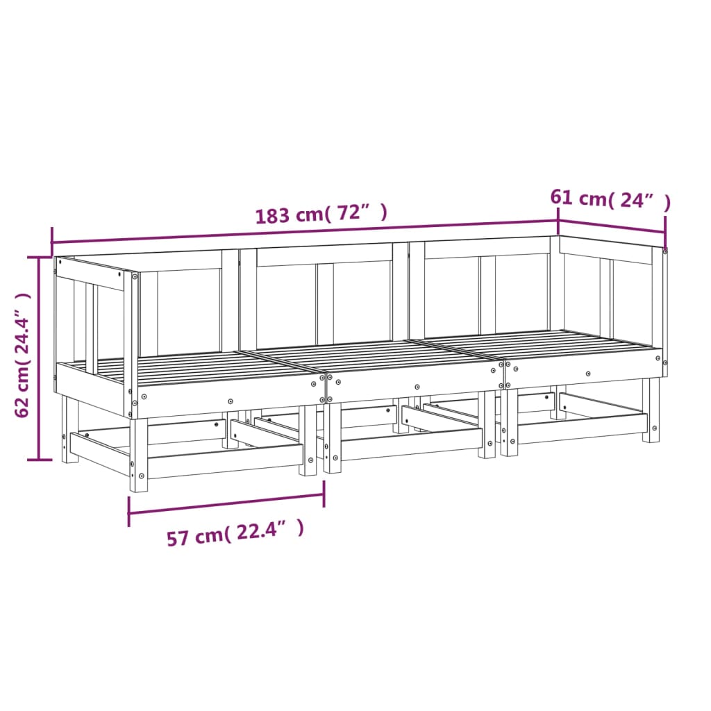 3 Piece Garden Lounge Set Grey Solid Wood Pine