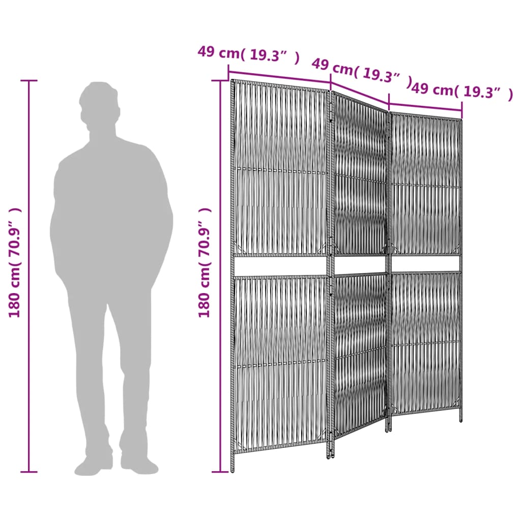 Room Divider 3 Panels Black Poly Rattan
